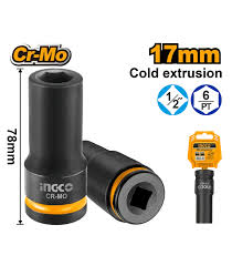 INGCO 17mm 1/2" Drive Heavy-Duty Deep Impact Socket – Premium Drop-Forged Chrome Molybdenum (Cr-Mo) Steel, High-Torque 6-Point Design, and Rust-Resistant Black Phosphate Finish (HDIS12172L)