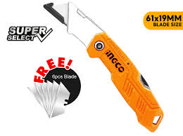 Ingco Heavy-Duty Folding Utility Knife | Premium Aluminum Alloy Pocket Box Cutter with Quick-Change Mechanism and 6 Extra Blades (HUK6236)