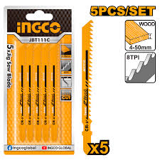 Ingco 5-Piece Professional 74mm 8 TPI T-Shank Jigsaw Blade Set for Wood - High Carbon Steel Milled Blades for Basic Woodworking & Curve Cutting (JBT111C)