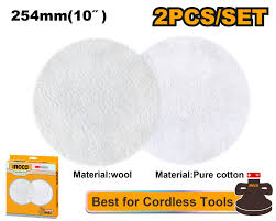 Ingco 2-Piece Professional Car Polishing Bonnet Set - 10 Inch 254mm Wool and Pure Cotton Buffing Pads for Orbital Polishers (APP25402)