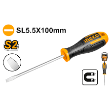 Ingco 5.5mm Slotted Screwdriver | Heavy-Duty 100mm Premium Round Shank Magnetic Tip Flat Head Screwdriver with Ergonomic Two-Color Soft Grip Handle (HS685100)