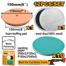 Ingco 12-Piece 150mm (6 Inch) Professional Polishing and Grinding Set - Hook & Loop Wool Disc, Foam Buffing Pad, and Multi-Grit Sanding Paper Kit (APG15012)