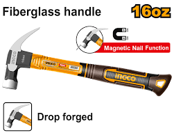 Ingco 16oz Claw Hammer | Premium Drop-Forged 45# Carbon Steel Curved Claw Framing Hammer with High-Strength Fiberglass Handle (HCH81016)