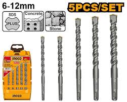 Ingco 5-Piece SDS Plus Hammer Drill Bits Set | Premium Carbide-Tipped Rotary Drill Set for Efficient Concrete and Masonry Boring (AKD2052)