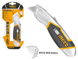 Ingco Heavy-Duty Aluminium Alloy Utility Knife | Premium Retractable Box Cutter and Pocket Utility Knife with SK5 Steel Blades (HUK618)