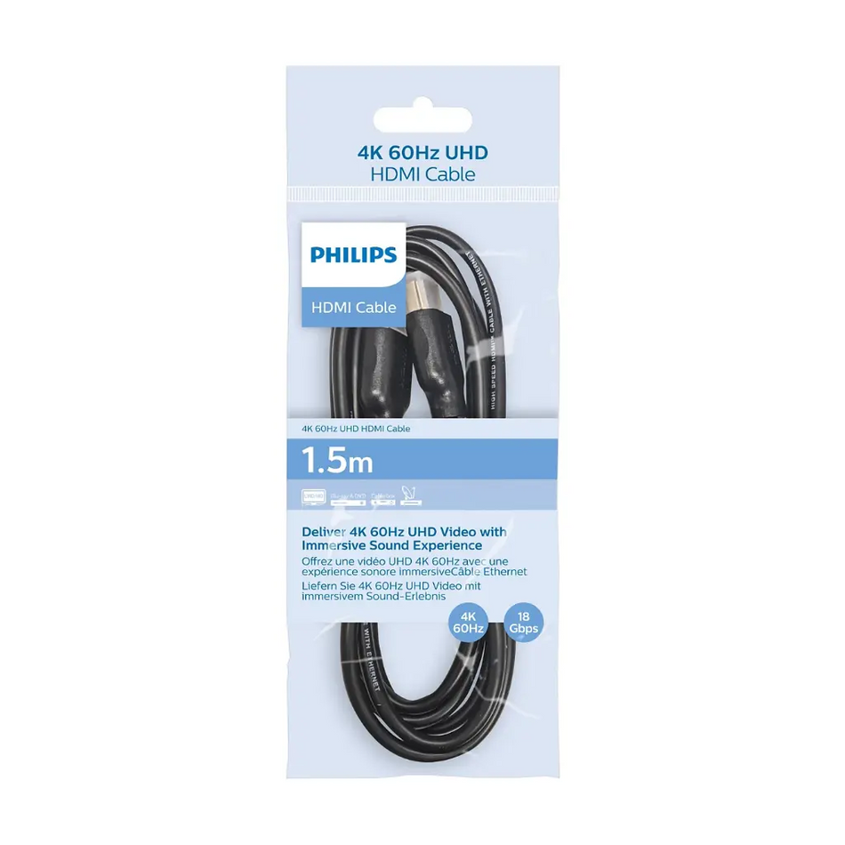 Philips High-Speed HDMI 2.0 Cable 1.5m - 4K Ultra HD @ 60Hz, 18 Gbps Bandwidth, 3D & ARC Support, Gold-Plated Connectors - Black (SWV5510/00)