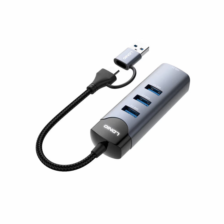 LDNIO DS-134UC | 2-in-1 USB-A & Type-C Hub (14cm) | 4x USB 3.0 5Gbps High-Speed Expansion Adapter