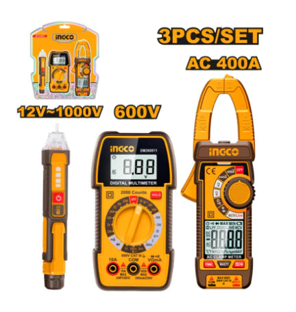 INGCO 3-Piece Electrical Testing Kit (Kit de Test Électrique) – Digital AC Clamp Meter, Compact Digital Multimeter, and Non-Contact AC Voltage Detector with Batteries Included (DM3068)