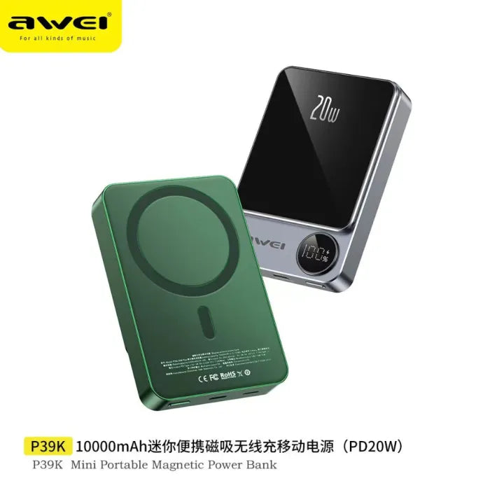 Awei P39K 15W Magnetic Wireless Power Bank 10000mAh | High-Capacity Pocket-Sized Magnetic External Battery Pack with Smart LED Display and PD Fast Charging - Black (P39K