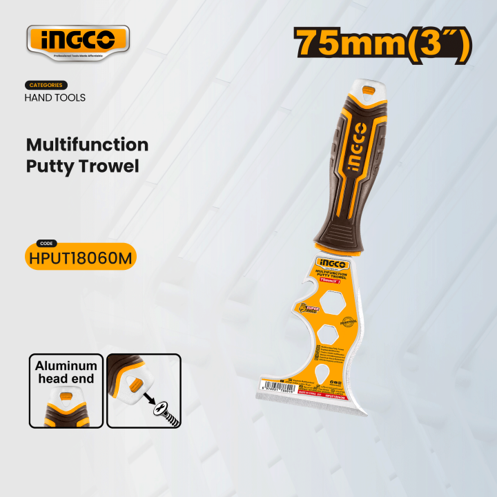 Title Ingco Multi-Function Putty Trowel | Premium Stainless Steel Scraper and Spackling Knife with Ergonomic Soft Grip (HPUT18060M)