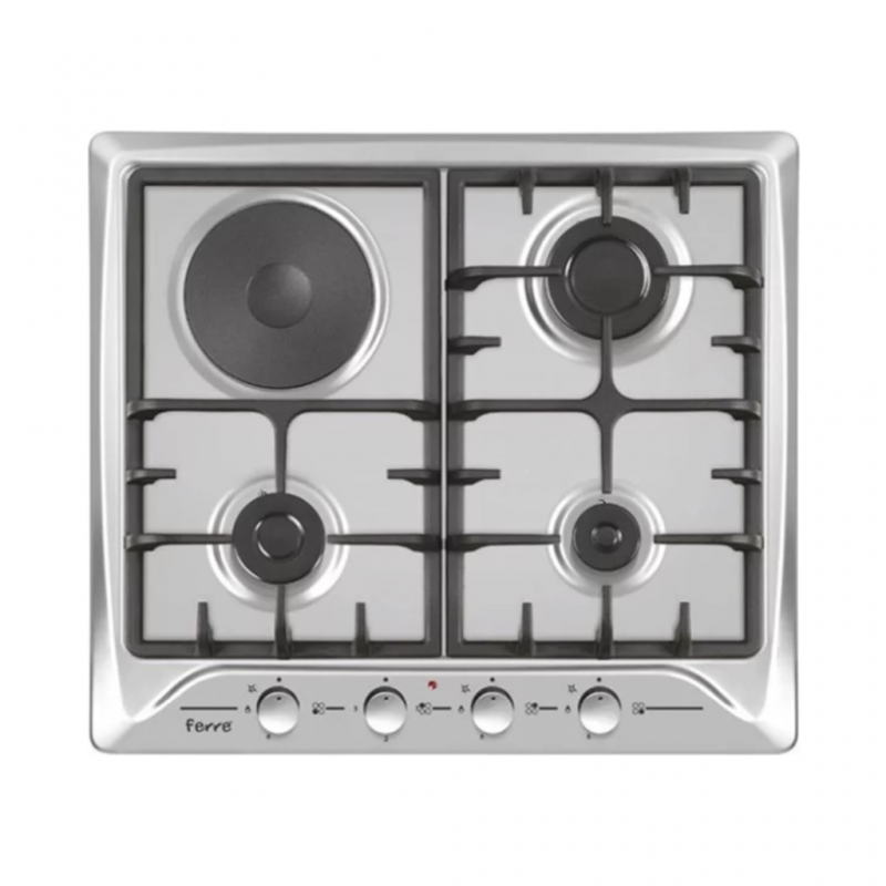 FERRE 60cm Stainless Steel Built-In Dual-Fuel Hob | 3 Gas Burners & 1 Electric Hot Plate with Integrated Auto-Ignition and Cast Iron Pan Supports (B631-I1)
