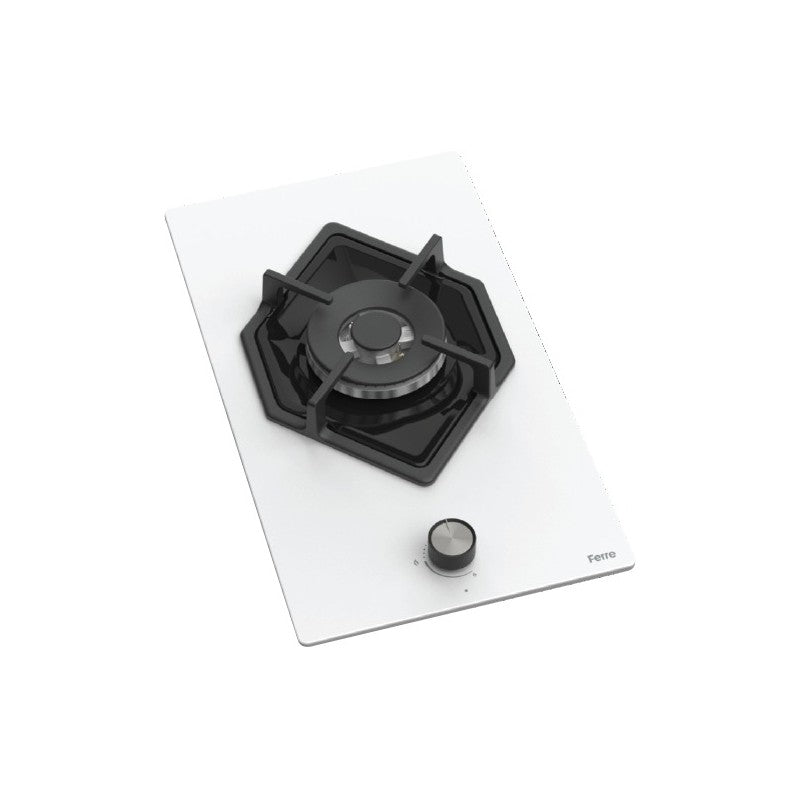FERRE Karad Series 30cm Built-In Gas Hob | White Tempered Glass Body with High-Power Wok Burner, Auto-Ignition, and Cast Iron Grid (KA022)