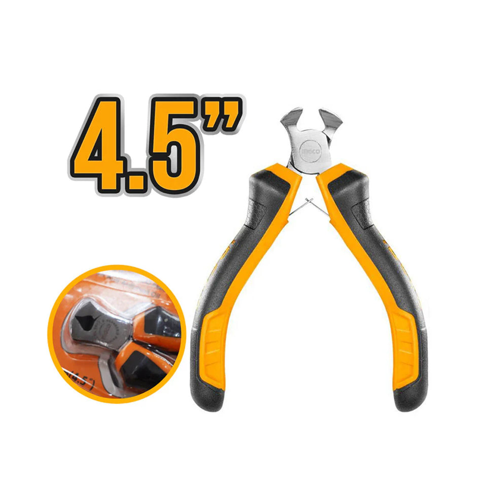 Ingco 4.5-Inch Mini End Cutting Pliers | 115mm Carbon Steel Micro Wire Nippers with High-Leverage Handle (HMBCD08115)