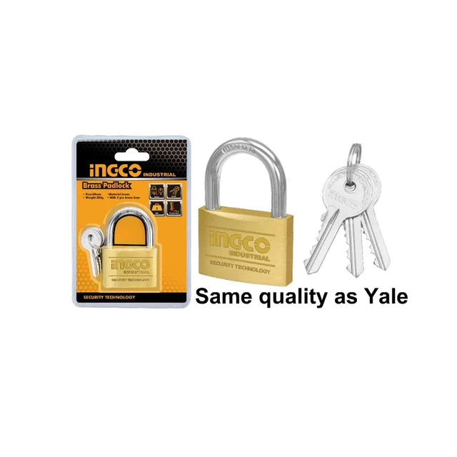 INGCO 40mm Heavy-Duty Solid Brass Block Padlock (Cadenas en Laiton) – Compact 142g Solid Brass Body, Hardened Steel Shackle, Pin Tumbler Locking Cylinder, and 3 Brass Keys (DBPL0402)