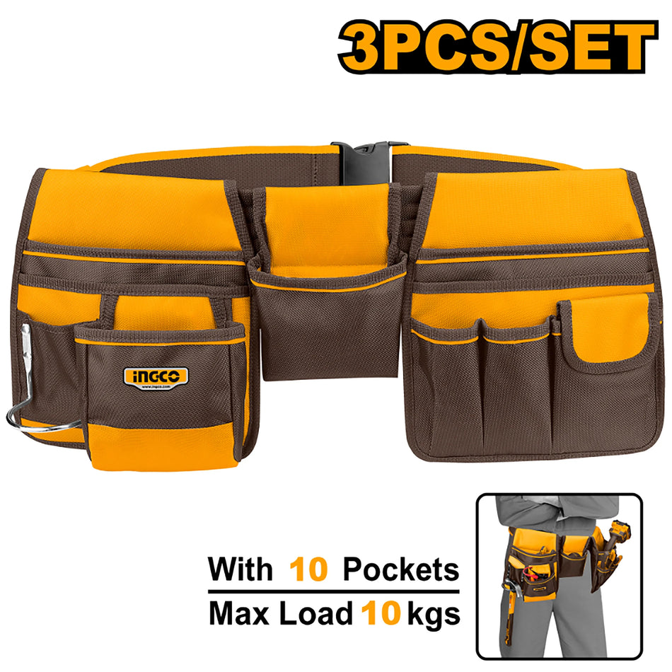 INGCO 3-Piece Tool Pouch Set with Adjustable Waist Belt (Sacoche à Outils avec Ceinture) – 10 Pockets, Dedicated Hammer Holder, 1680D Polyester, and 10kg Max Load Capacity (HTBP020328)