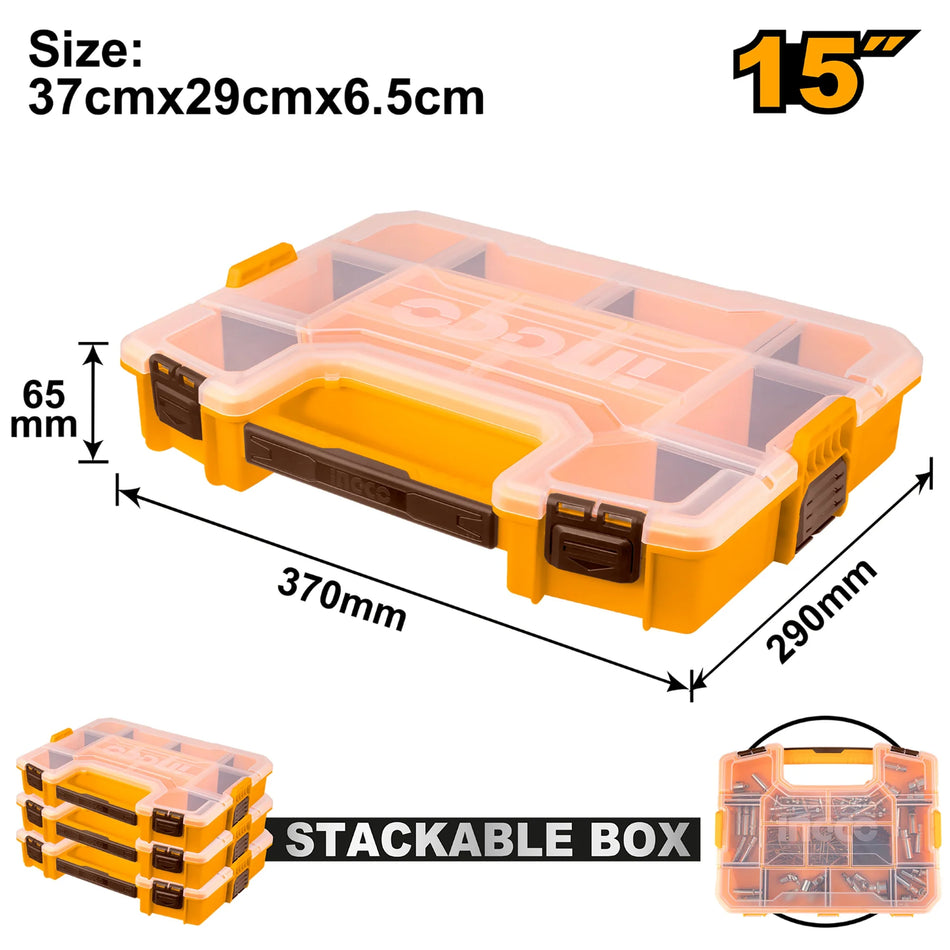 INGCO 15" Heavy-Duty Stackable Plastic Organizer – Customizable Grid Layout with Removable Dividers, Secure Locking Latches, and Impact-Resistant Polypropylene Frame (PBX1511)