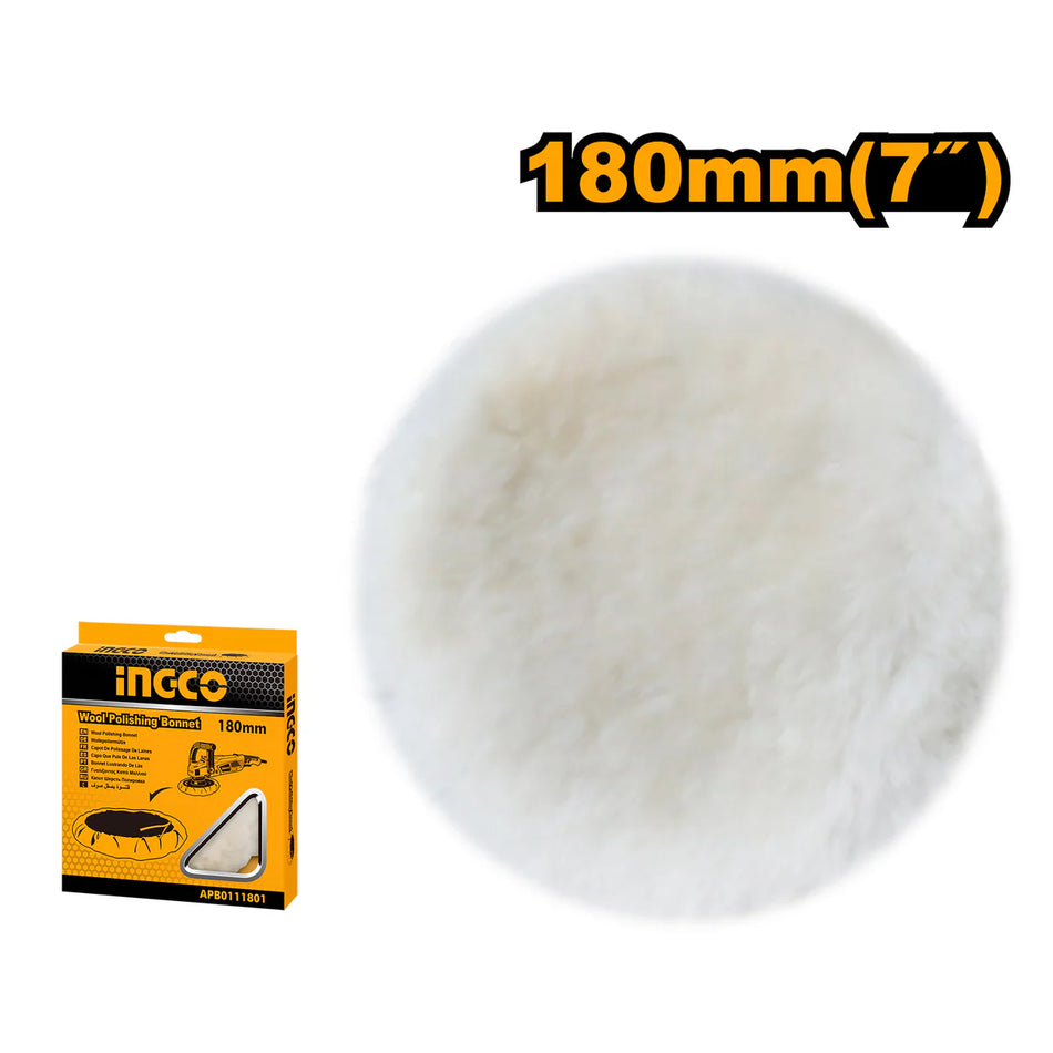 Ingco 180mm Wool Polishing Bonnet | Drawstring Buffing Wheel Cover for Car Detailing and Surface Finishing (APB0111801)