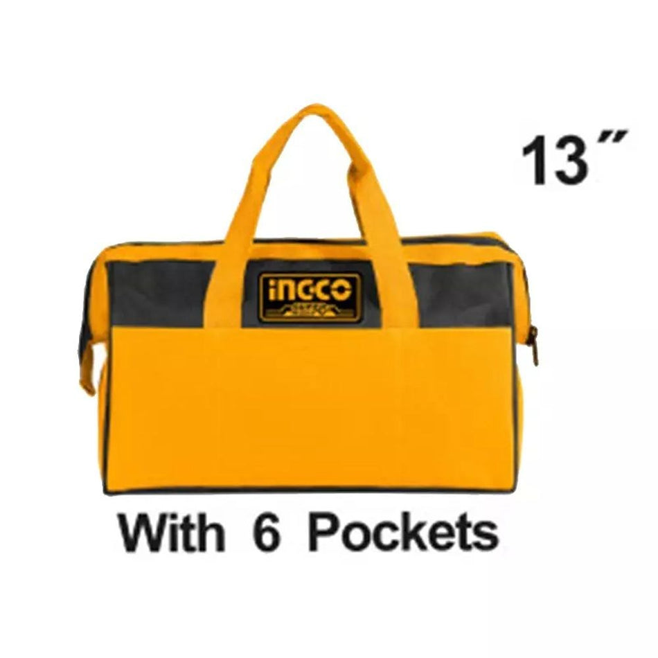 Ingco 13-Inch Professional Heavy-Duty Canvas Tool Bag with 6 Pockets – High-Capacity Multi-Pocket Mechanics Storage Organizer Tote with Reinforced 12KG Weight Limit (HTBG281328)