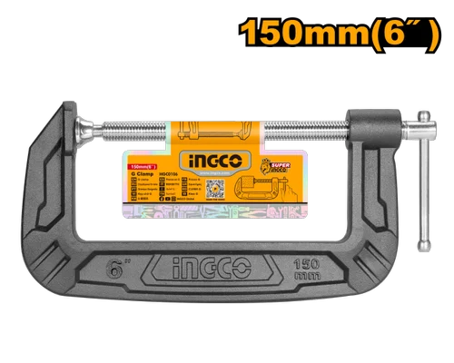 INGCO 6" / 150mm Heavy-Duty Cast Iron G-Clamp (Serre-Joint en G / C-Clamp) – Malleable Cast Iron Body, High-Torque T-Shaped Threaded Screw, and Swivel Pad (HGC0106)