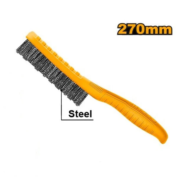 INGCO 270mm (10.6") 5-Row Steel Wire Brush with Curved Plastic Handle – High-Density Carbon Steel Bristles, Heavy-Duty Rust & Paint Removal, and Integrated Hanging Hole (HKTWB2705)