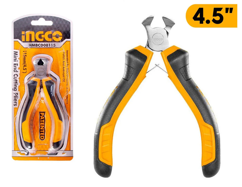 Ingco 4.5-Inch Mini End Cutting Pliers | 115mm Carbon Steel Micro Wire Nippers with High-Leverage Handle (HMBCD08115)
