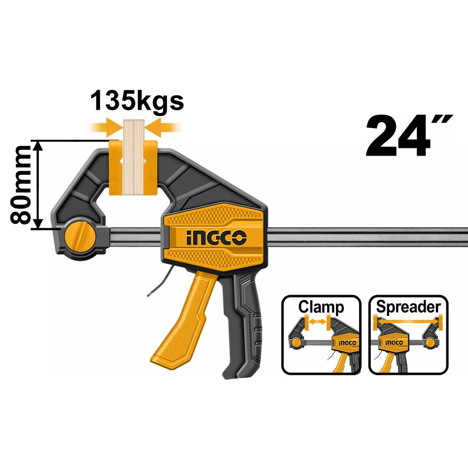 INGCO 24" (80x600mm) Heavy-Duty Quick Bar Clamp – 135kg Max Clamping Force, 6x18mm Reinforced Steel Guide Rail, Quick-Release Trigger, and Non-Marring Jaw Pads (HQBC24802)