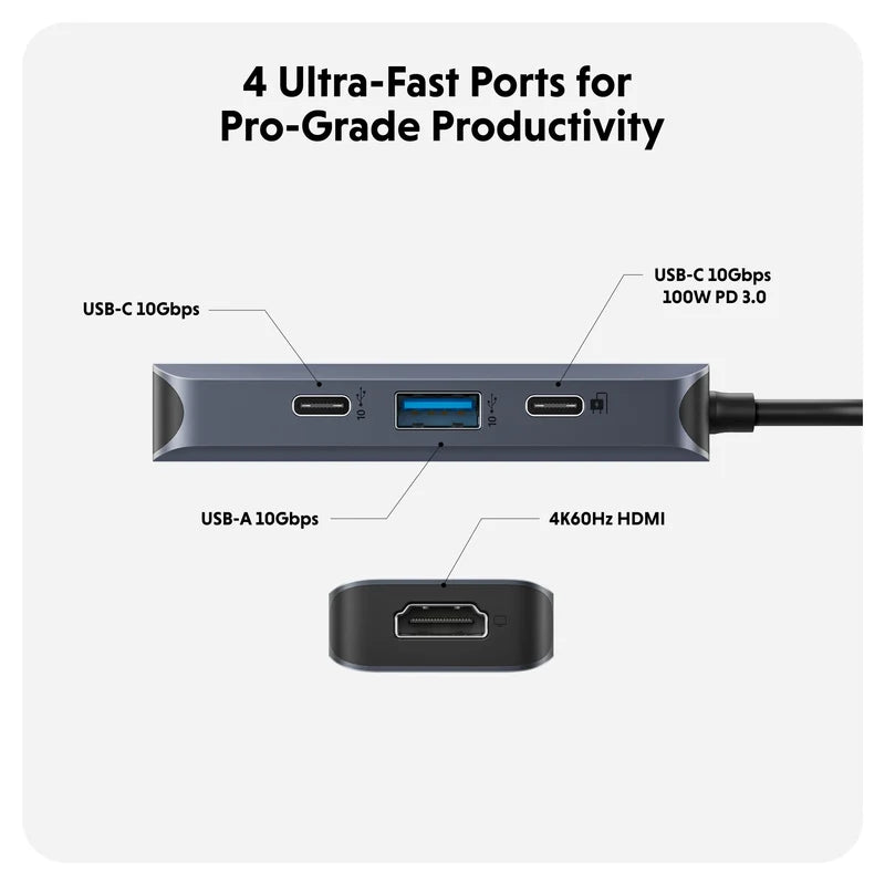 HYPER HyperDrive Next 4-Port USB-C Hub (Midnight Blue), 1 x USB-A 3.2 Gen 2, 1 x USB-C 3.2 Gen 2, 1 x USB-C 3.2 Gen 2 Port (100W PD), HD4001GL
