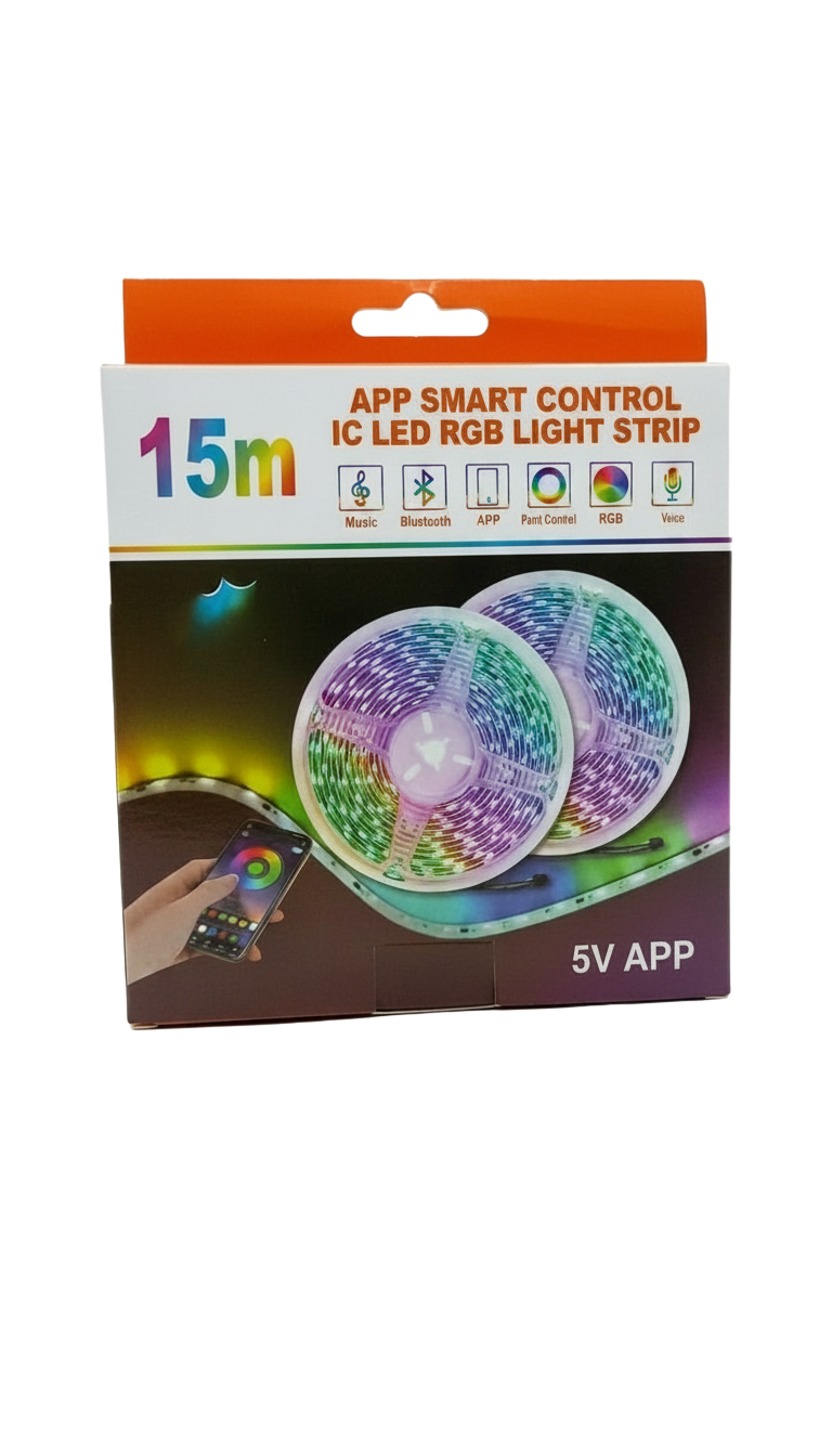 App Smart Control LED RGB Strip Light (5V, 15M) | Bluetooth App & Remote Controlled Flexible Color Changing Lighting Kit