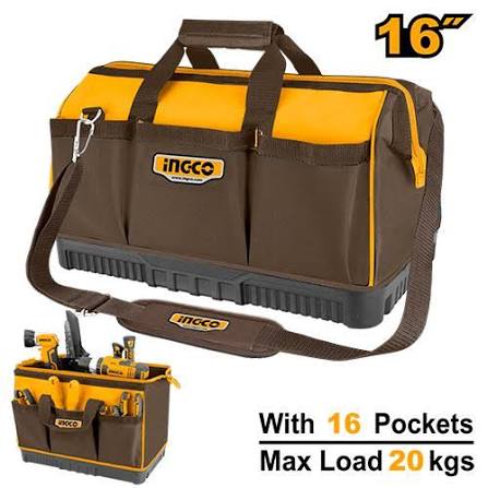 INGCO 16" Heavy-Duty Industrial Tool Bag – Premium 1680D Wear-Resistant Polyester, Rigid Easy-Access Frame, Reinforced Waterproof Plastic Base, and 16 Organizer Pockets (HTBG08)