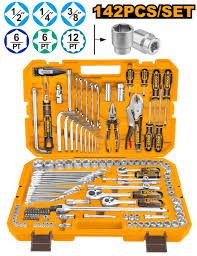 INGCO 142-Piece Master Combination Mechanic Tool Set (Jeu d'Outils Mécanique 142 Pièces) – 1/4", 3/8" & 1/2" Tri-Drive Sockets, Cr-V Combination Spanners, Screwdrivers, Pliers, L-Keys, and Heavy-Duty Molded Storage Case (HKTHP21421)