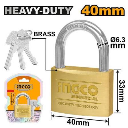 INGCO 40mm Heavy-Duty Solid Brass Block Padlock (Cadenas en Laiton) – Compact 142g Solid Brass Body, Hardened Steel Shackle, Pin Tumbler Locking Cylinder, and 3 Brass Keys (DBPL0402)