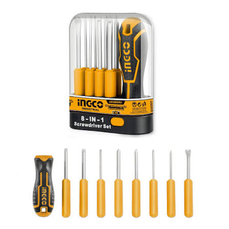 INGCO 9-Piece Interchangeable Screwdriver Set – Chrome Vanadium (Cr-V) Blades, Ergonomic Quick-Lock Handle, Tack Remover, Scratch Awl, and Compact Storage Case (AKISD0901)