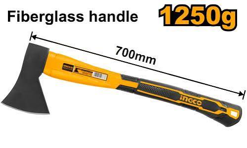 INGCO 1250g / 700mm Heavy-Duty Fiberglass Handle Axe (Hache avec Manche en Fibre de Verre) – Drop-Forged 45# Carbon Steel Head, Heat-Treated Cutting Edge, Shock-Absorbing Frame, and Non-Slip Rubber Grip (HAX02012508)