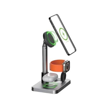 Green Lion 3-in-1 Telescopic 15W Fast Wireless Charger Stand (Silver) for Smartphone, Smartwatch & Earbuds