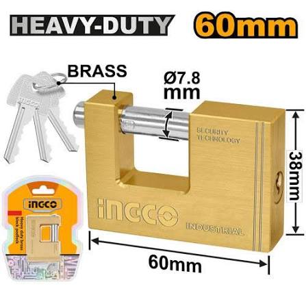 INGCO 60mm Heavy-Duty Solid Brass Block Padlock – Monoblock Rectangular Shutter Design, Hardened Steel Sliding Pin, Anti-Pick Brass Cylinder, and 3 Brass Keys (DBBPL0602)