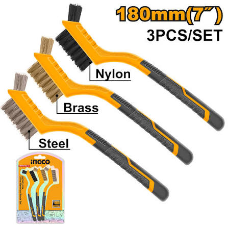 Ingco 7-Inch Professional Multi-Purpose Abrasive Wire Brush Set of 3 Pieces – Mini Detail Cleaning and Rust Removal Brushes with Nylon, Brass, and Steel Wire Bristles (HKTWB10306)