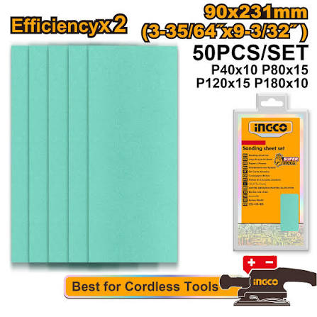 Ingco 50-Piece Multi-Grit Sanding Sheet Set (90mm x 231mm) - Premium Aluminum Oxide Hook & Loop Sandpaper Kit for 1/3 Sheet Orbital Sanders