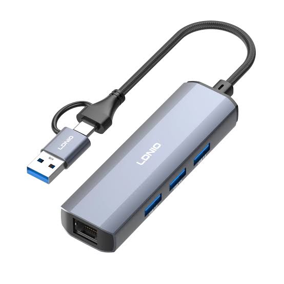 LDNIO DS-124UC | 2-in-1 USB-A & Type-C Hub (14cm) | 3x USB 3.0 + RJ45 Ethernet