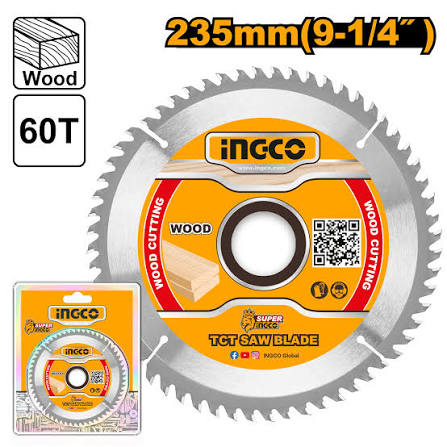 Ingco 235mm (9-1/4 Inch) 60-Teeth Professional TCT Saw Blade - High-Performance Tungsten Carbide Tipped Circular Saw Blade for Fine Woodworking (TSB123523)