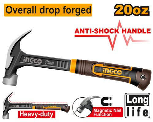 INGCO 20oz (560g) Heavy-Duty Claw Hammer – Drop-Forged #45 Carbon Steel Head, Magnetic Nail Starter, Heat-Treated Strength, and High-Grip Fiberglass Handle (HCH81020L)