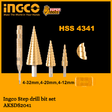 Ingco 4-Piece Professional HSS 4341 Step Drill Bit Set with Automatic Center Punch - High-Speed Conical Core Drill Bits for Sheet Metal and Plastic (AKSDS2041)