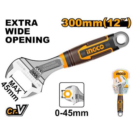 Ingco 12" Extra Wide Opening Adjustable Wrench | Chrome-Vanadium Steel Spanner with Two-Tone Soft Grip Handle (HADW131128)