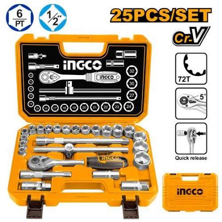 INGCO 25-Piece 1/2" Drive Socket Set (Jeu de Douilles) – Premium Chrome Vanadium (Cr-V) Steel, 45T Quick-Release Ratchet, 10mm–32mm Metric Sockets, Spark Plug Sockets, and Heavy-Duty Molded Storage Case (HKTS12251)