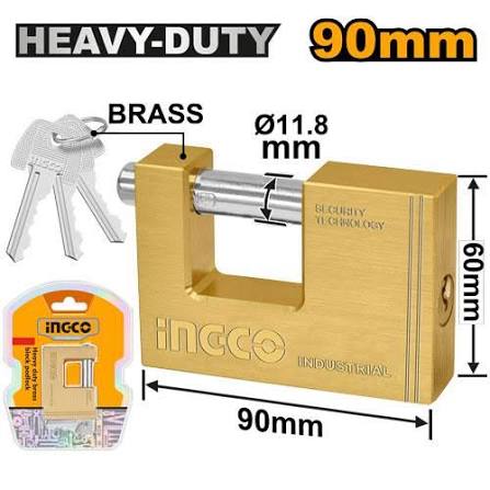 INGCO 90mm Heavy-Duty Solid Brass Block Padlock – Armor-Protected Straight Shackle, Anti-Cut Steel Pin, Solid Brass Body, and 3 Precision Brass Keys Included (DBBPL0902)