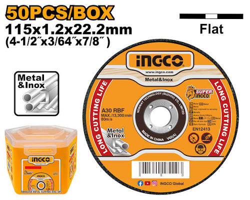 Ingco 50-Piece Professional 115mm (4-1/2 Inch) Abrasive Metal & INOX Cutting Disc Set - 1.2mm Thin Flat Centre Wheels for Angle Grinders (MCD1211550)