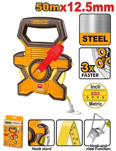 INGCO 50m x 12.5mm Long Steel Measuring Tape – 3:1 Fast-Rewind Gear Ratio, Dual Metric & Inch Scale, All-Rubber Protective Cover, and Integrated Hand Grip (HSMT0850)