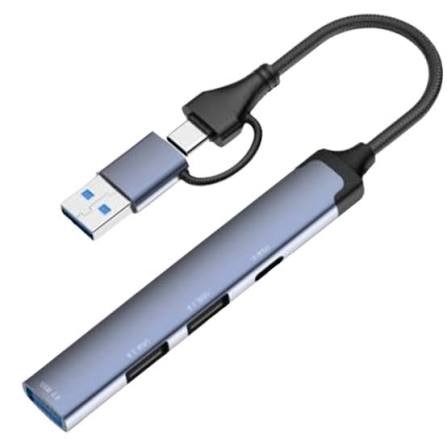LDNIO DS-64C Hub Adapter Converter, USB + Type C to USB 3.0 + USB-C 2.0 + 2x USB 2.0 Ports, Up to 5Gbps Speed, Up to 480Mbps Speed, Aluminum Alloy Material, 0.14M Cable Length, Gray