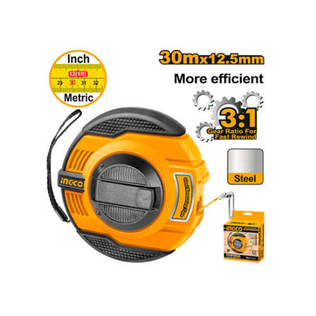 INGCO 30m x 12.5mm Long Steel Measuring Tape (Dizmètre / Mètre Ruban en Acier) – 3:1 Fast Rewind Gear Ratio, All-Rubber Impact Cover, Metric & Inch Markings, and Integrated Handle (HSMT8430)