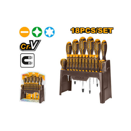 INGCO 18-Piece Screwdriver & Precision Screwdriver Set (Jeu de Tournevis) – Chrome Vanadium (CR-V) Steel, Magnetic Tips, Ergonomic Handles, and Storage Stand (HKSD1828)