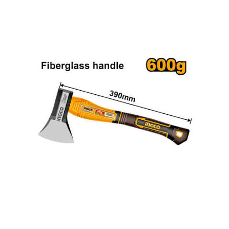 INGCO 600g (1.3 lbs) Heavy-Duty Hatchet Axe – Drop-Forged #45 Carbon Steel Head, Heat-Treated Cutting Edge, and High-Strength Fiberglass Handle (HAX081600L)